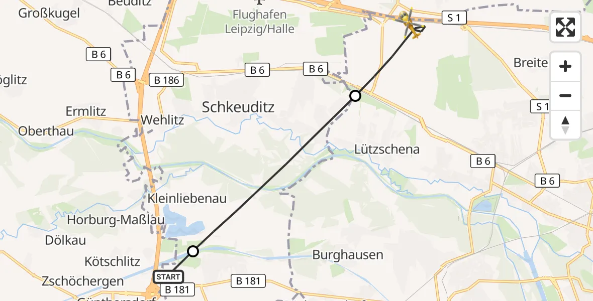 Flugroute Rettungshubschrauber ADAC Air Rescue Station Leipzig/Schkeuditz-Dölzig Hubschrauberlandeplatz (Christoph 61) - Leipzig, 09 April 2026, 12:52