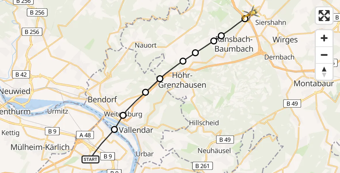 Flugroute Rettungshubschrauber Koblenz - Mogendorf, 09 April 2026, 12:56