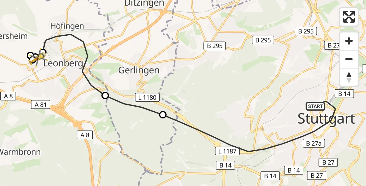 Flugroute Rettungshubschrauber Stuttgart - Leonberg Hospital, 09 April 2026, 12:58