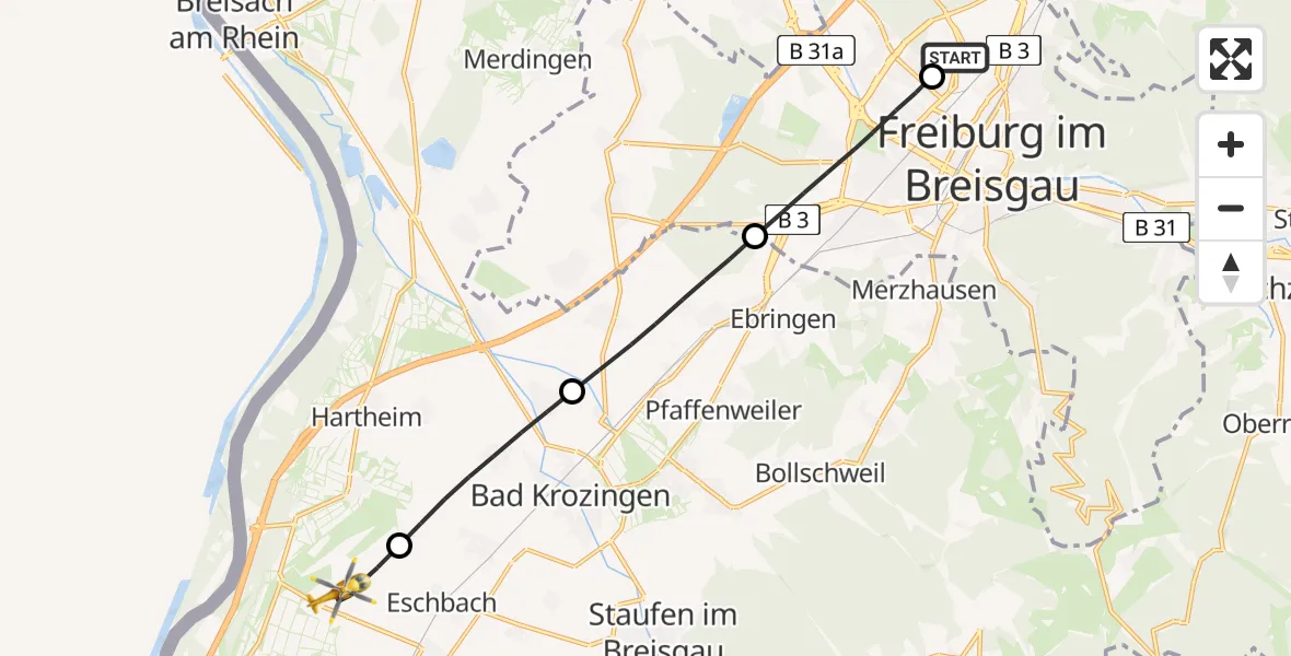 Flugroute Rettungshubschrauber Freiburg im Breisgau Flugplatz - Eschbach, 09 April 2026, 13:03