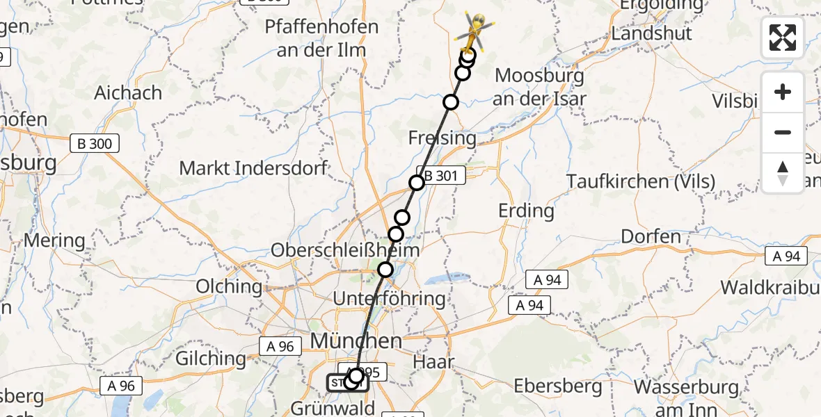 Flugroute Rettungshubschrauber ADAC Air Rescue Center Hubschrauberlandeplatz (Christoph 1) - Nandlstadt, 09 April 2026, 13:06