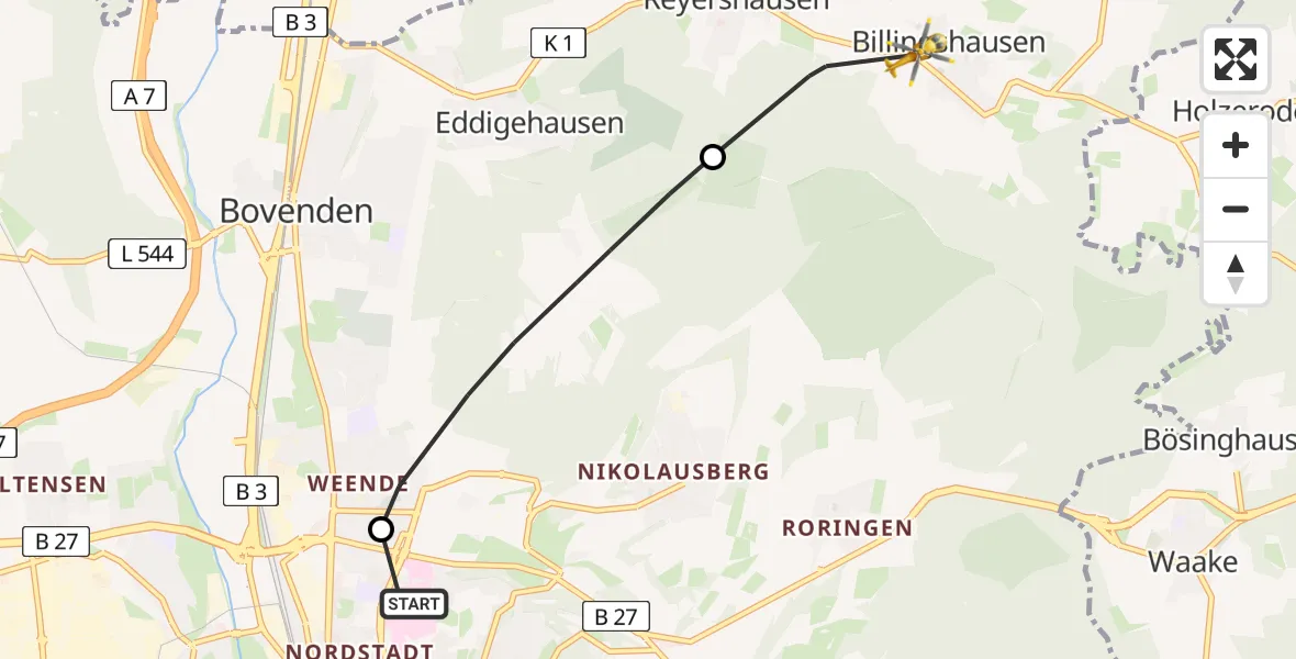 Flugroute Rettungshubschrauber Göttingen University Clinic Hubschrauberlandeplatz - Bovenden, 09 April 2026, 13:07