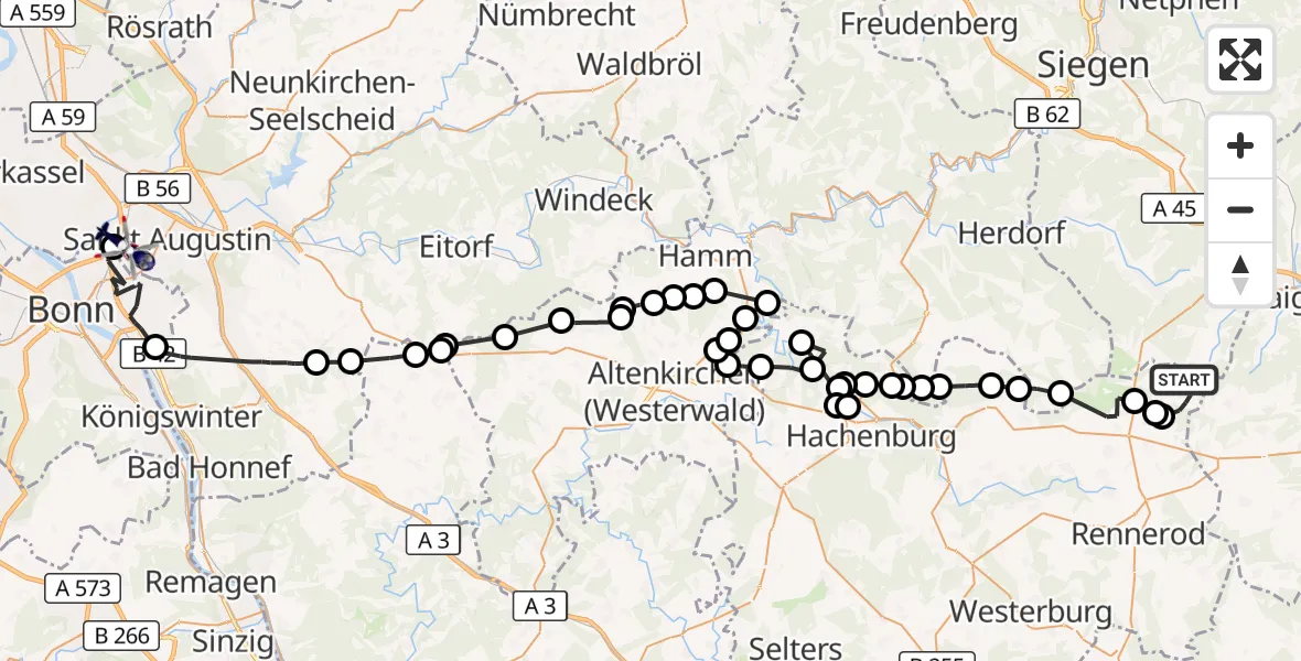 Flugroute Polizeihubschrauber Liebenscheid - Sankt Augustin, 09 April 2026, 13:07