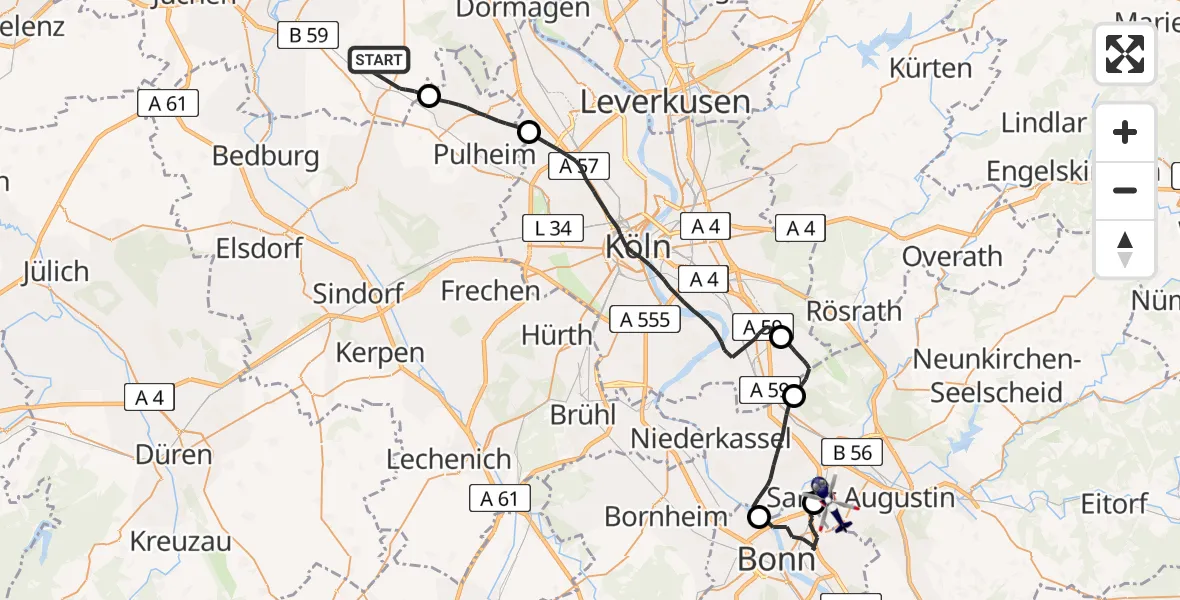 Flugroute Polizeihubschrauber Rommerskirchen - Bonn-Hangelar Flugplatz, 09 April 2026, 13:11