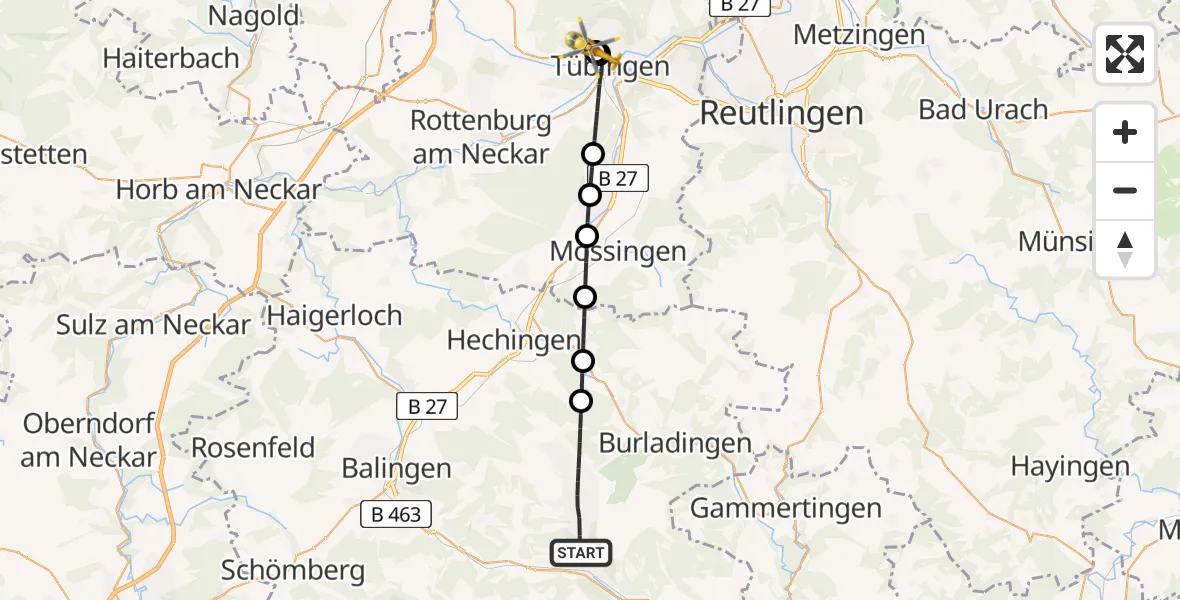 Flugroute Rettungshubschrauber Albstadt - Tübingen University Hospital, 09 April 2026, 13:13