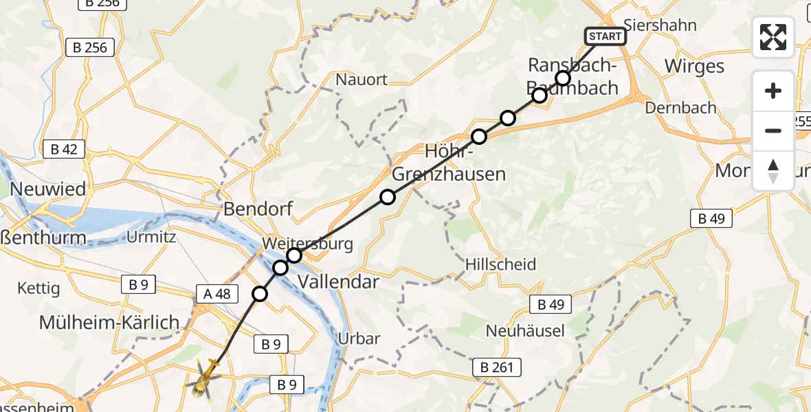 Flugroute Rettungshubschrauber Ransbach-Baumbach - Koblenz, 09 April 2026, 13:20