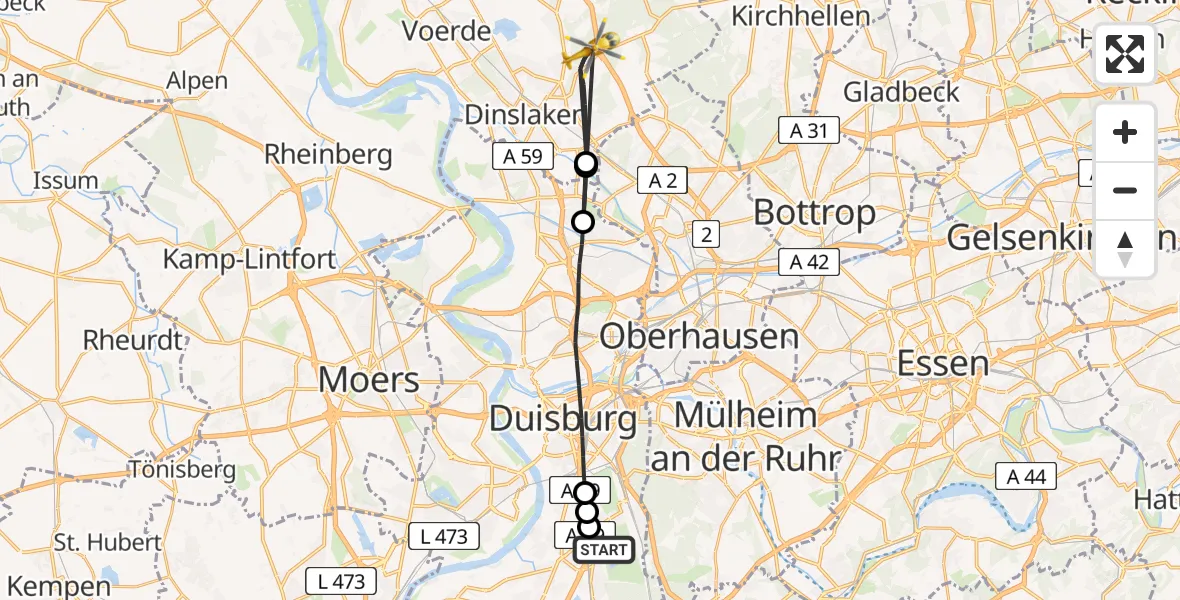 Flugroute Rettungshubschrauber Duisburg Air Rescue Hubschrauberlandeplatz (Christoph 9) - Dinslaken, 09 April 2026, 13:23