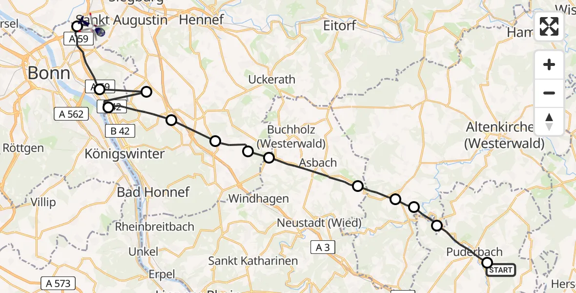 Flugroute Polizeihubschrauber Hanroth - Sankt Augustin, 09 April 2026, 13:25