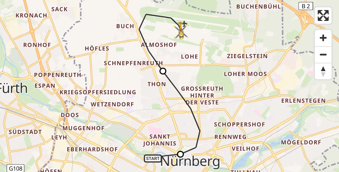 Flugroute Rettungshubschrauber Deutschherrnwiese Hubschrauberlandeplatz - Flughafen Nuremberg, 09 April 2026, 13:26