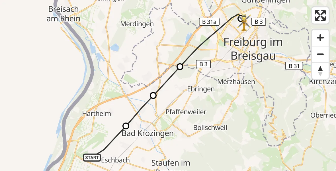 Flugroute Rettungshubschrauber Eschbach - Freiburg im Breisgau Flugplatz, 09 April 2026, 13:33