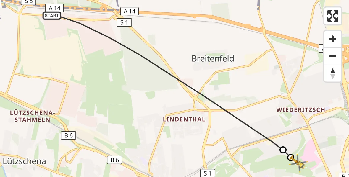 Flugroute Rettungshubschrauber Leipzig - Sankt Georg Hospital Leipzig Reserve, 09 April 2026, 13:36