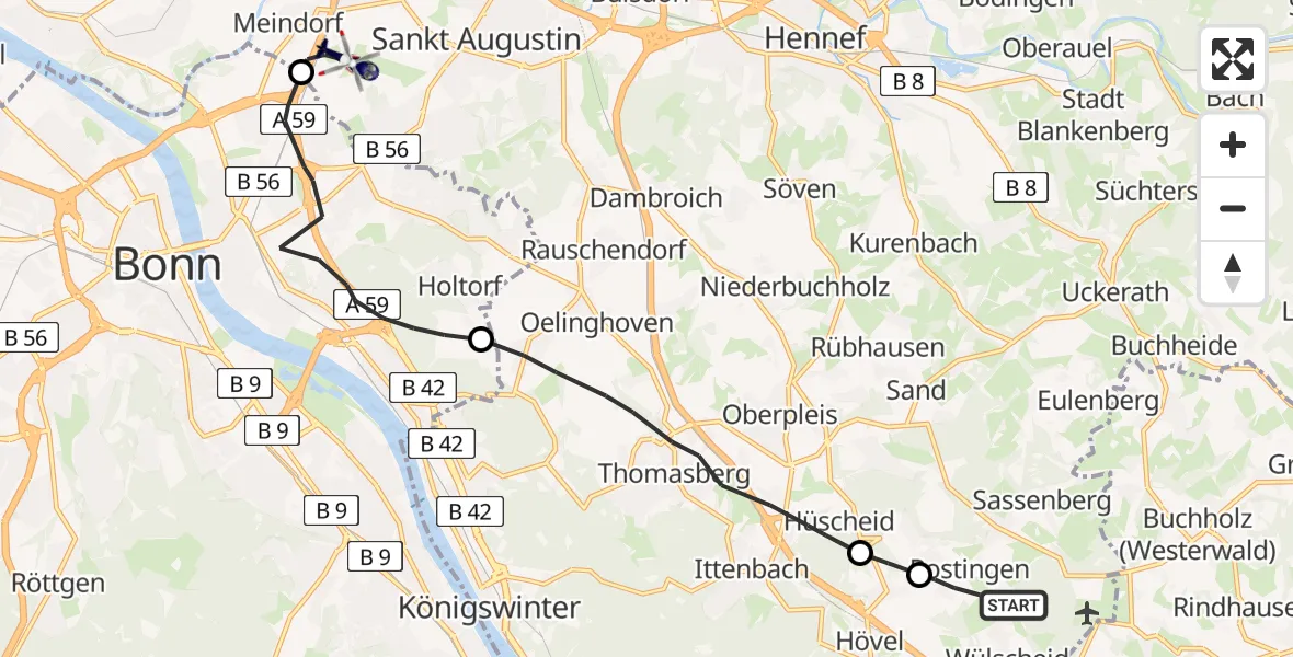 Flugroute Polizeihubschrauber Königswinter - Sankt Augustin, 09 April 2026, 13:36