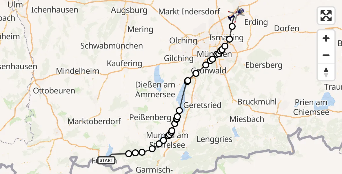 Flugroute Polizeihubschrauber Schwangau - Hallbergmoos, 09 April 2026, 13:38