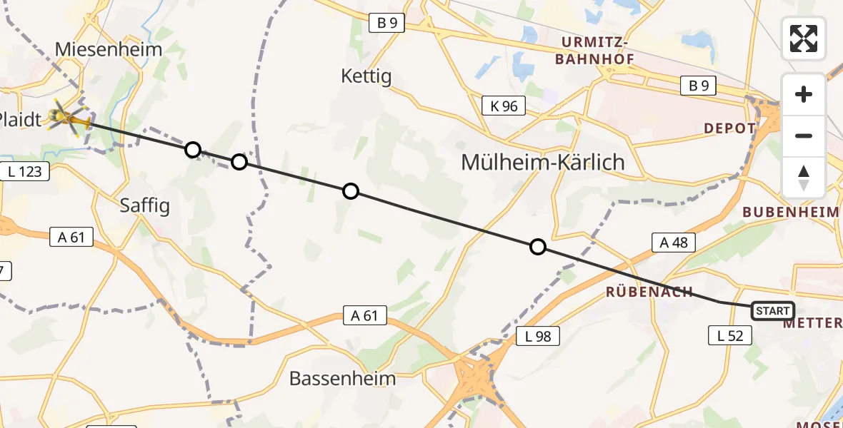 Flugroute Rettungshubschrauber Koblenz - Plaidt, 09 April 2026, 13:49