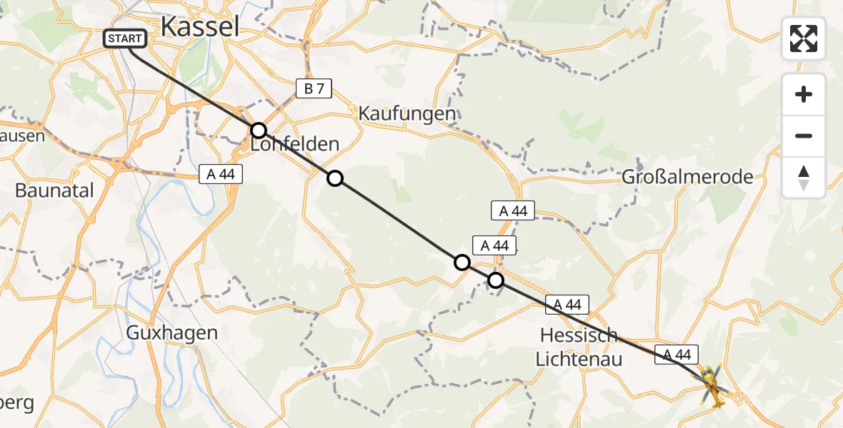 Flugroute Rettungshubschrauber Kassel - Hessisch Lichtenau, 09 April 2026, 13:55