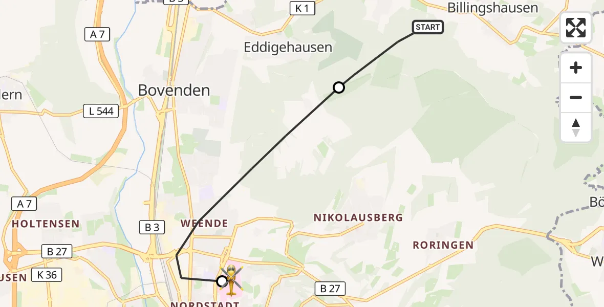 Flugroute Rettungshubschrauber Bovenden - Göttingen University Clinic Hubschrauberlandeplatz, 09 April 2026, 13:57