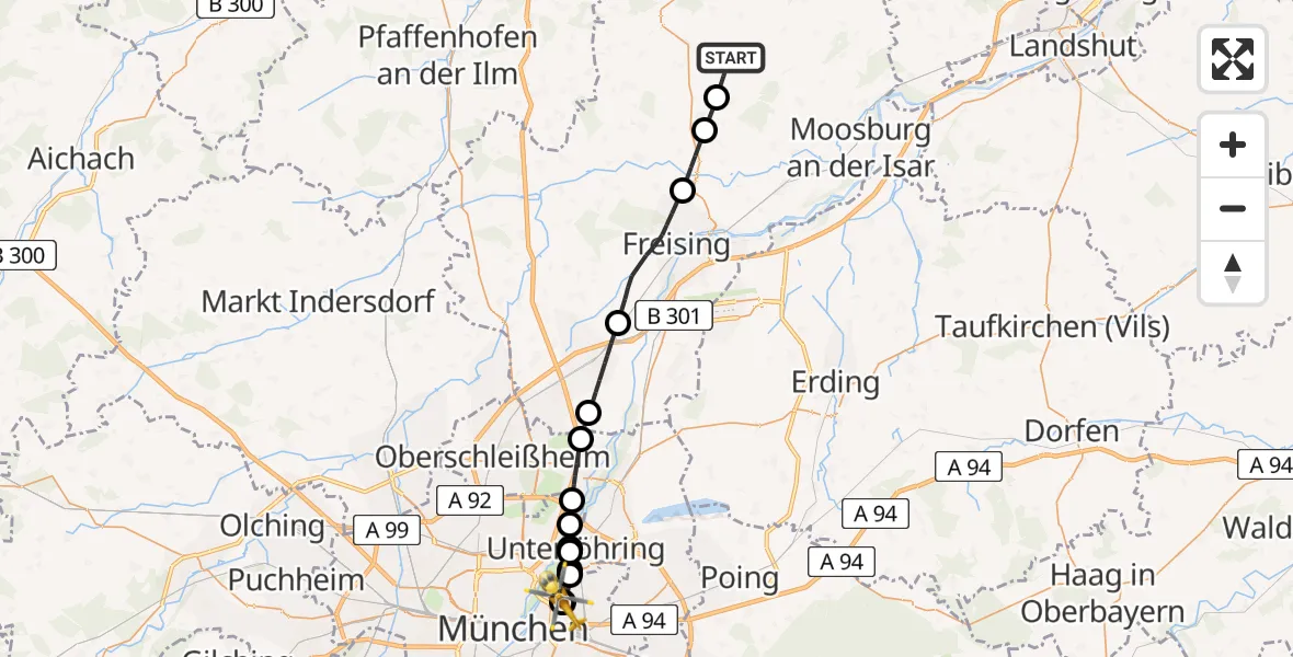 Flugroute Rettungshubschrauber Nandlstadt - München Bogenhausen Hospital, 09 April 2026, 14:02