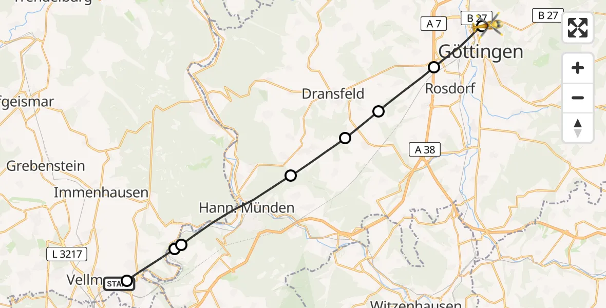 Flugroute Rettungshubschrauber Fuldatal Bundespolizei Hubschrauberlandeplatz - Göttingen University Clinic Hubschrauberlandeplatz, 09 April 2026, 14:04