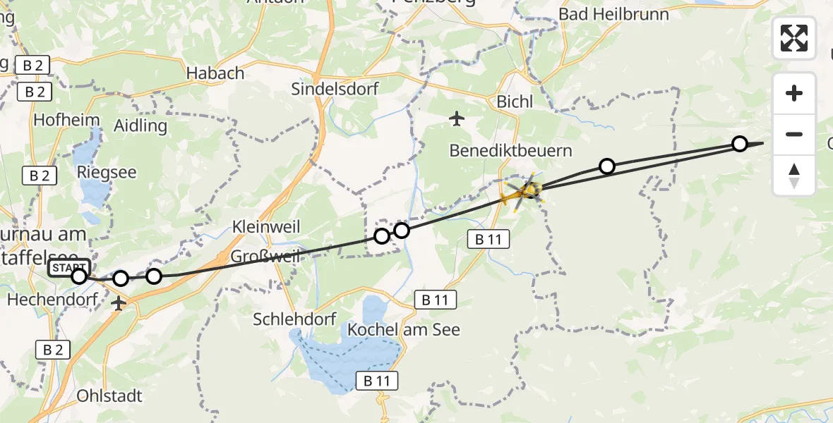 Flugroute Rettungshubschrauber Murnau Accident Hospital - Kochel a.See, 09 April 2026, 14:17