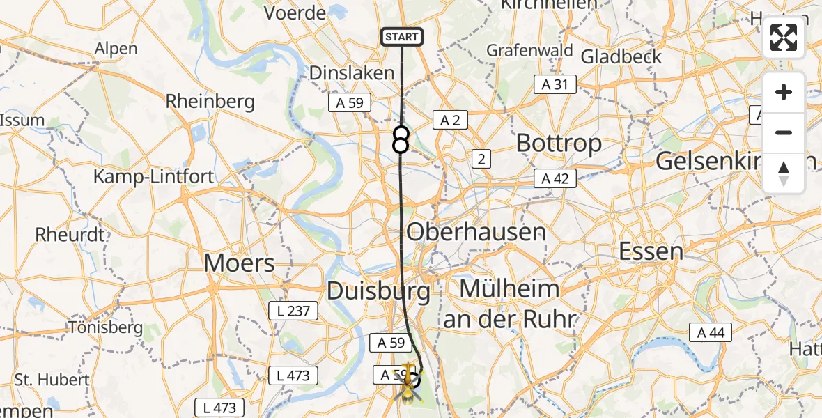 Flugroute Rettungshubschrauber Dinslaken - Duisburg Air Rescue Hubschrauberlandeplatz (Christoph 9), 09 April 2026, 14:20