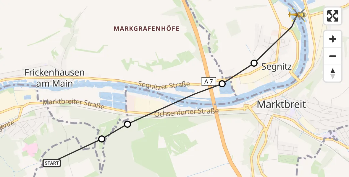 Flugroute Rettungshubschrauber Ochsenfurt Hospital - Marktbreit, 09 April 2026, 14:28