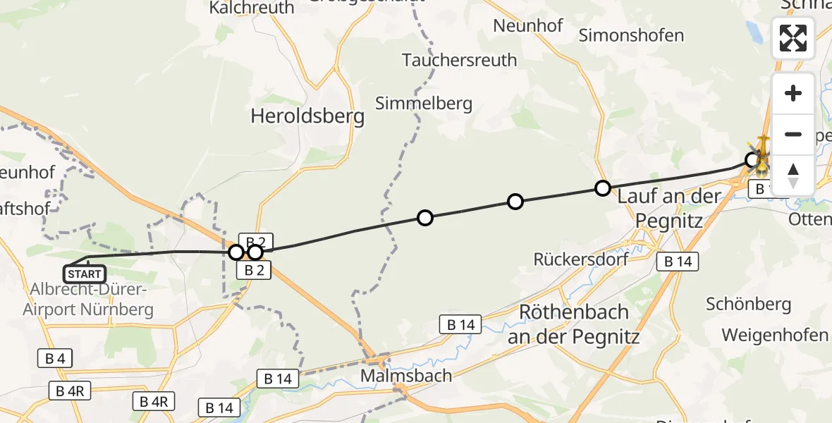 Flugroute Ambulanzhubschrauber Flughafen Nuremberg - Neunkirchen a.Sand, 09 April 2026, 14:31