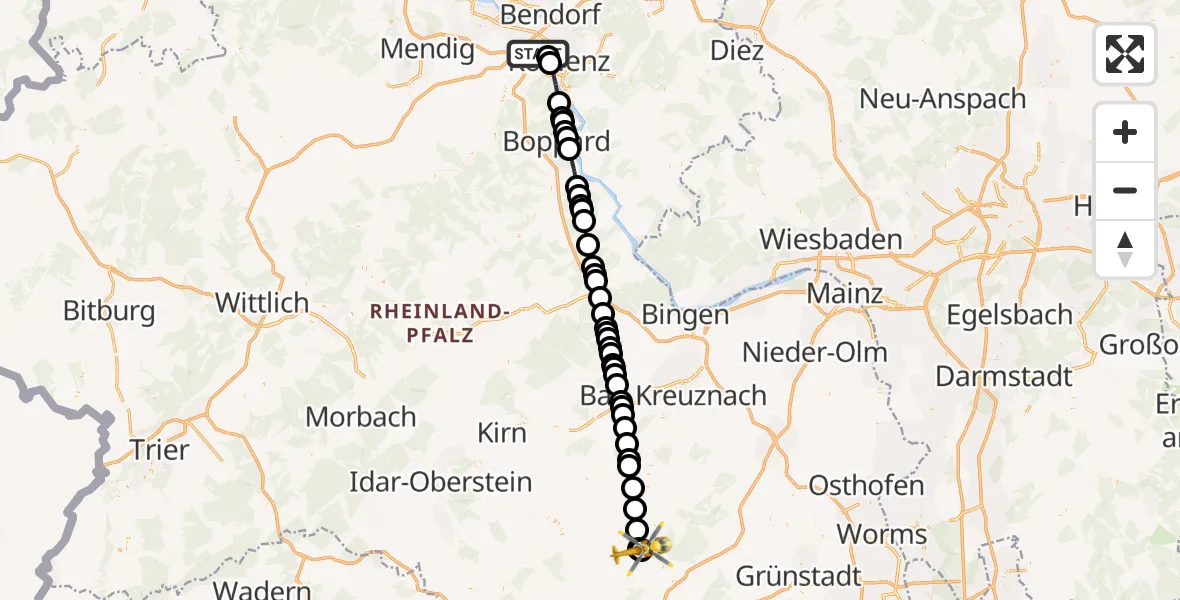 Flugroute Rettungshubschrauber Koblenz - Imsweiler, 09 April 2026, 14:35