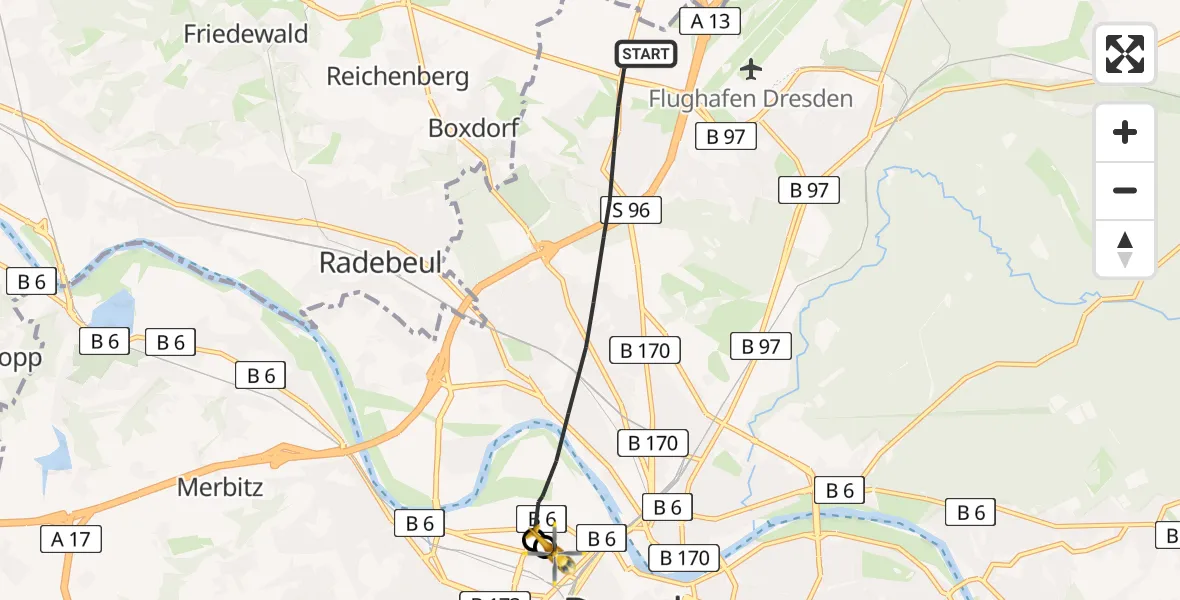 Flugroute Rettungshubschrauber Dresden - Dresden Friedrichstadt Hospital, 09 April 2026, 14:35
