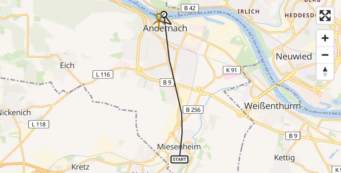 Flugroute Rettungshubschrauber Andernach - Sankt-Nikolaus Diözesankrankenhaus Hubschrauberlandeplatz, 09 April 2026, 14:36