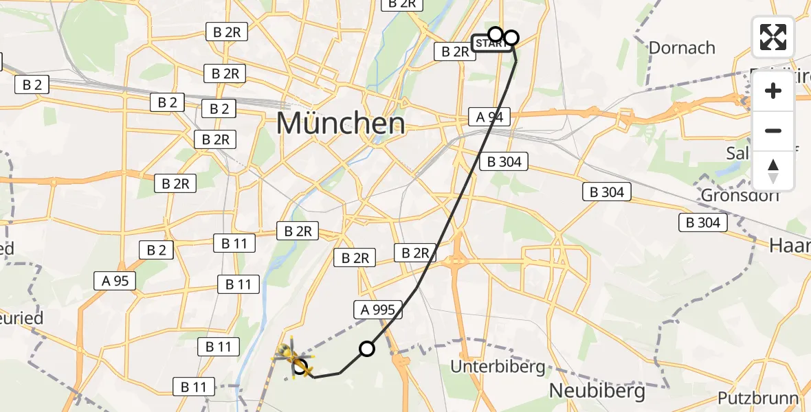 Flugroute Rettungshubschrauber München Bogenhausen Hospital - ADAC Air Rescue Center Hubschrauberlandeplatz (Christoph 1), 09 April 2026, 14:37