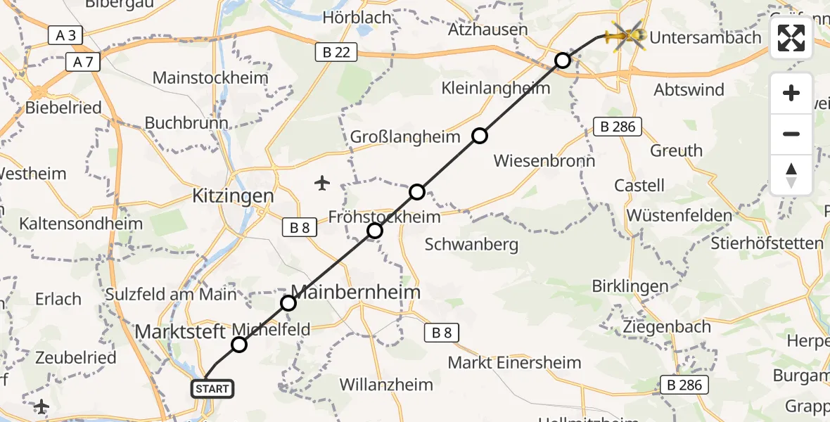 Flugroute Rettungshubschrauber Marktbreit - Wiesentheid, 09 April 2026, 14:42