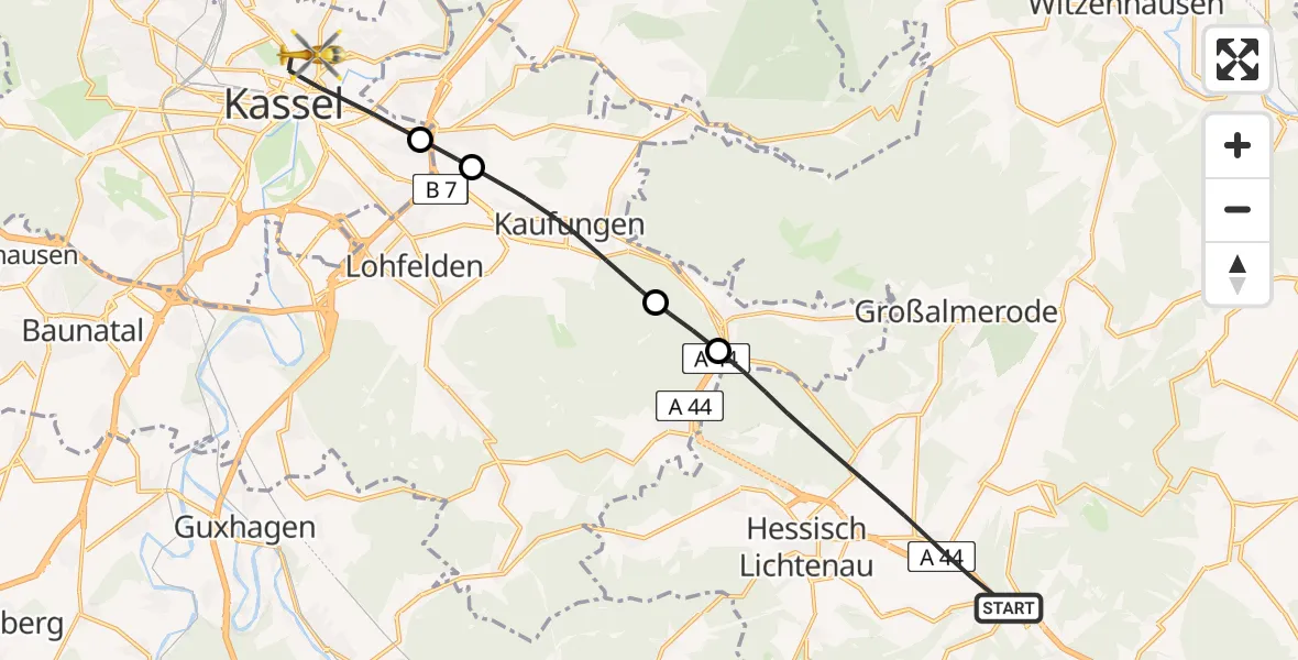Flugroute Rettungshubschrauber Hessisch Lichtenau - Kassel, 09 April 2026, 14:46