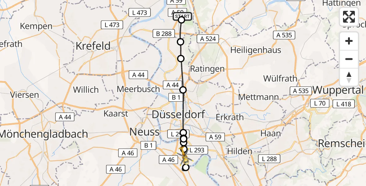 Flugroute Rettungshubschrauber Duisburg Air Rescue Hubschrauberlandeplatz (Christoph 9) - Neuss, 09 April 2026, 14:48