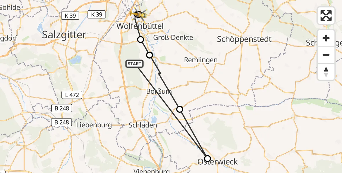 Flugroute Rettungshubschrauber Ohrum - Wolfenbüttel Municipal Hospital Hubschrauberlandeplatz (Christoph 30), 09 April 2026, 14:50