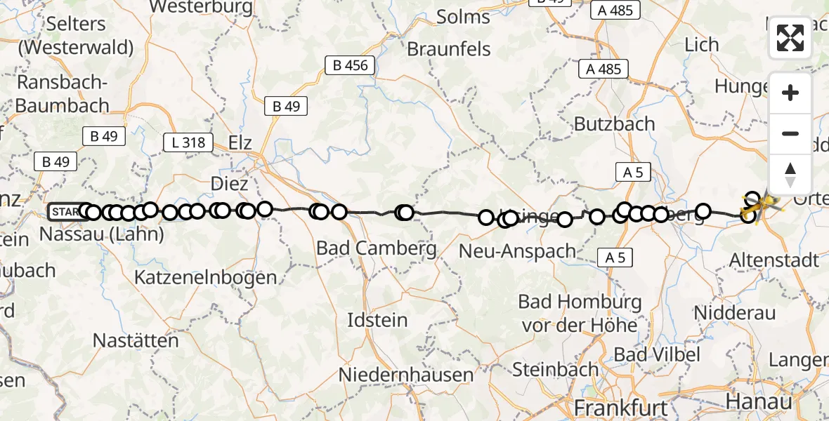 Flugroute Ambulanzhubschrauber Kemmenau - Florstadt, 09 April 2026, 14:50