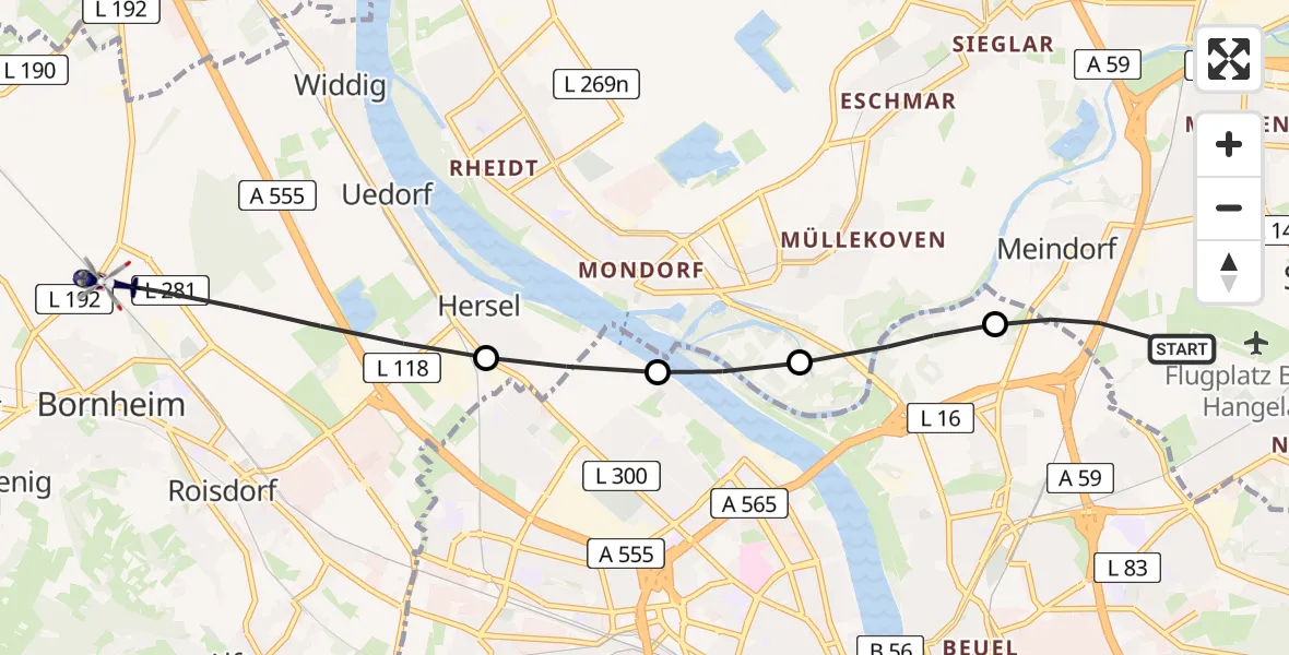 Flugroute Polizeihubschrauber Sankt Augustin - Bornheim, 09 April 2026, 15:01