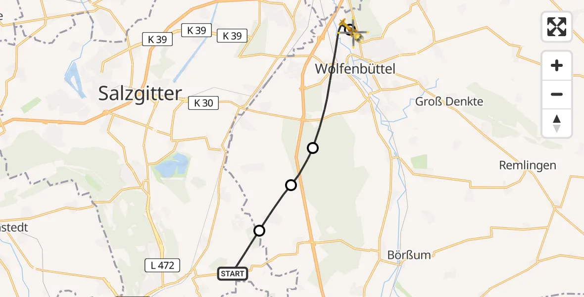 Flugroute Rettungshubschrauber Salzgitter - Wolfenbüttel Municipal Hospital Hubschrauberlandeplatz (Christoph 30), 09 April 2026, 15:02