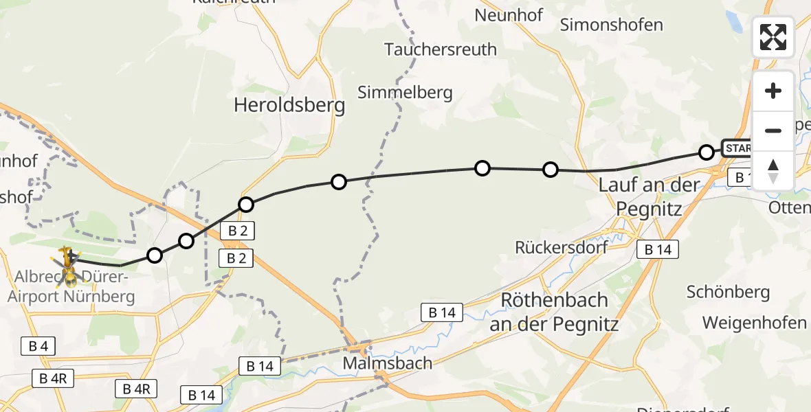 Flugroute Ambulanzhubschrauber Neunkirchen a.Sand - Flughafen Nuremberg, 09 April 2026, 15:05