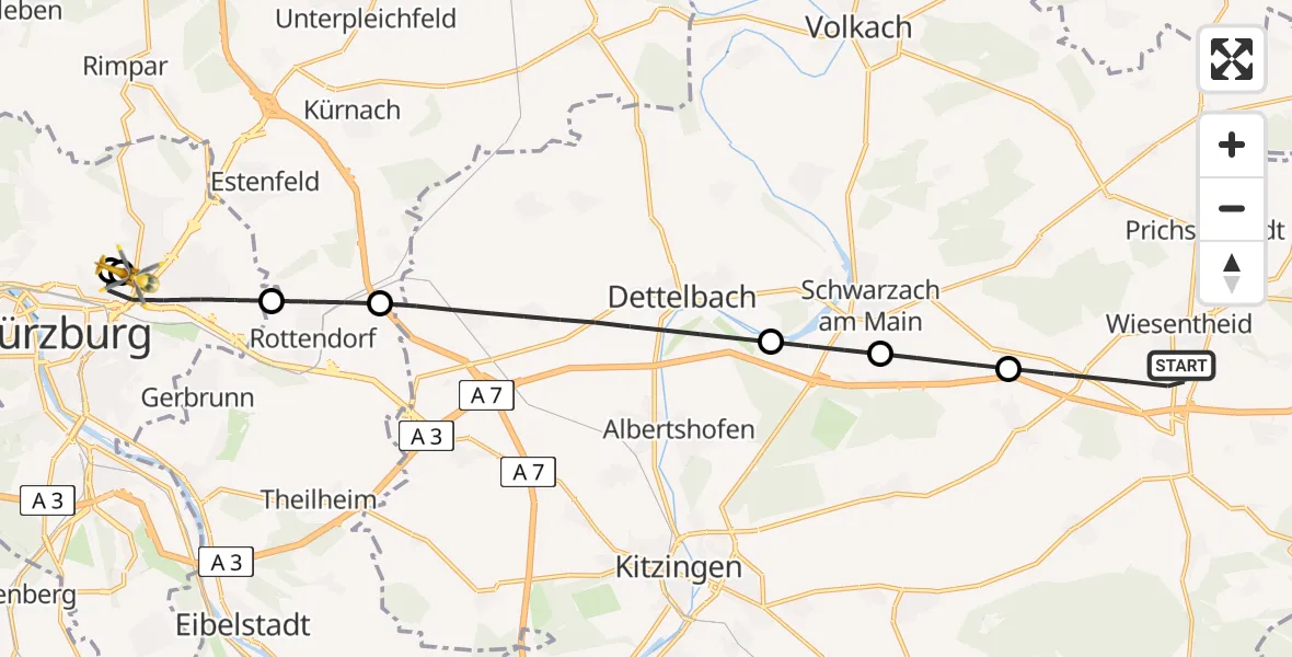 Routekaart van de vlucht: Rettungshubschrauber nach Würzburg University Hospital Rooftop