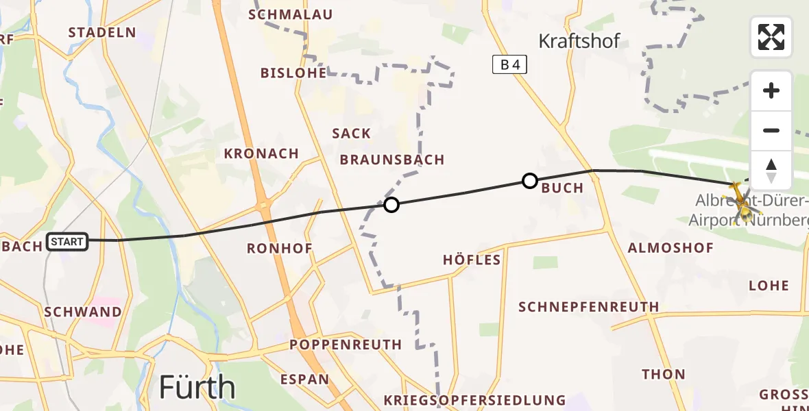 Flugroute Rettungshubschrauber Fürth - Flughafen Nuremberg, 09 April 2026, 15:16
