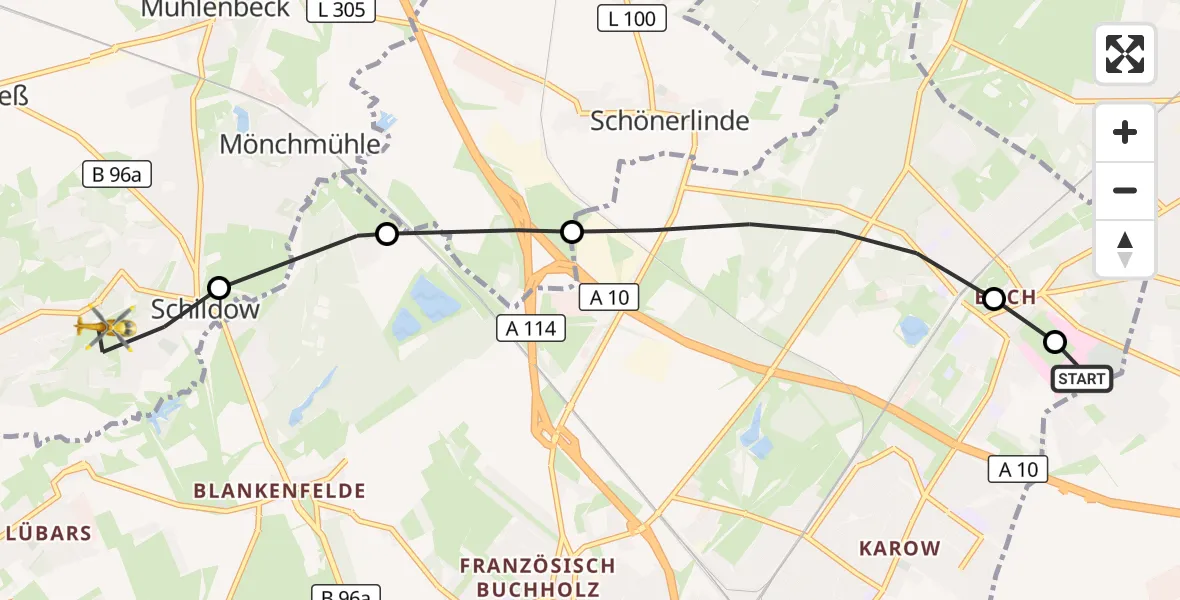 Flugroute Rettungshubschrauber Helios Clinic Berlin-Buch - Mühlenbecker Land, 09 April 2026, 15:21