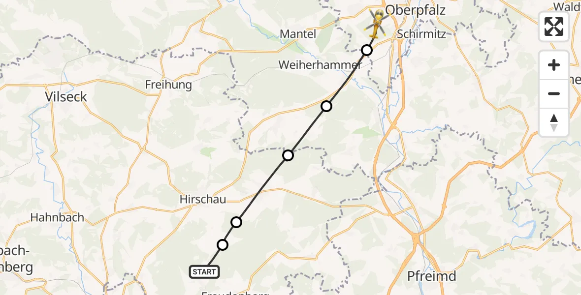 Flugroute Rettungshubschrauber Freudenberg - Weiden i.d.OPf., 09 April 2026, 15:21