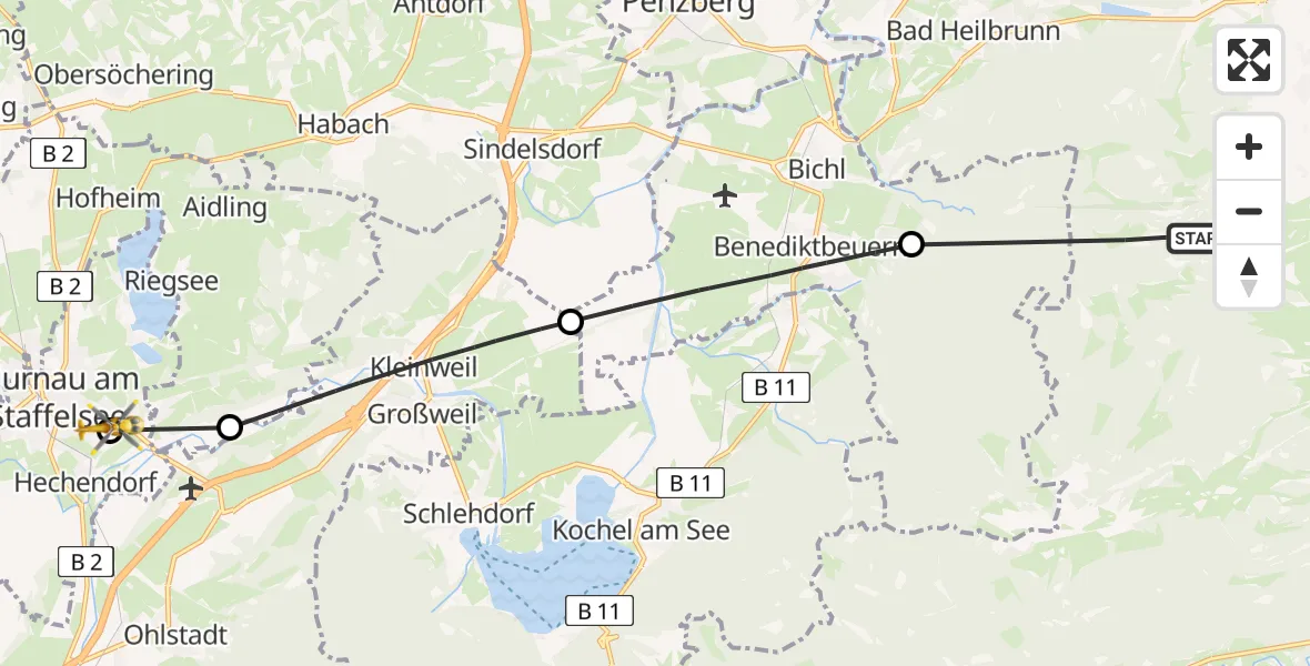 Flugroute Rettungshubschrauber Wackersberg - Murnau Accident Hospital, 09 April 2026, 15:21