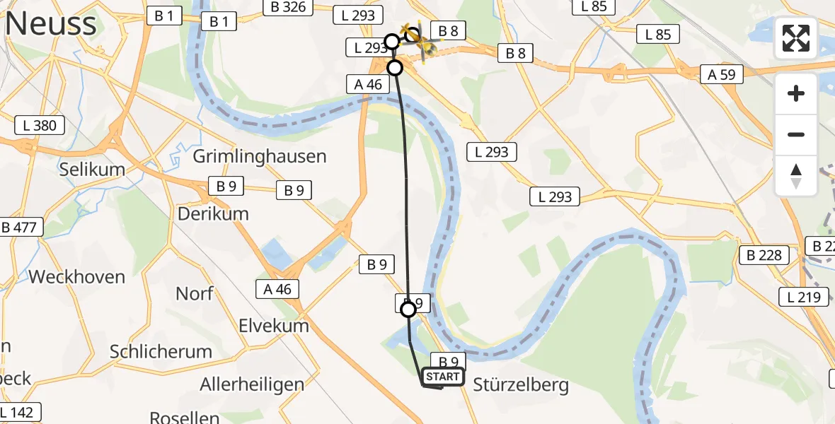 Flugroute Rettungshubschrauber Dormagen - Düsseldorf University Hospital, 09 April 2026, 15:23