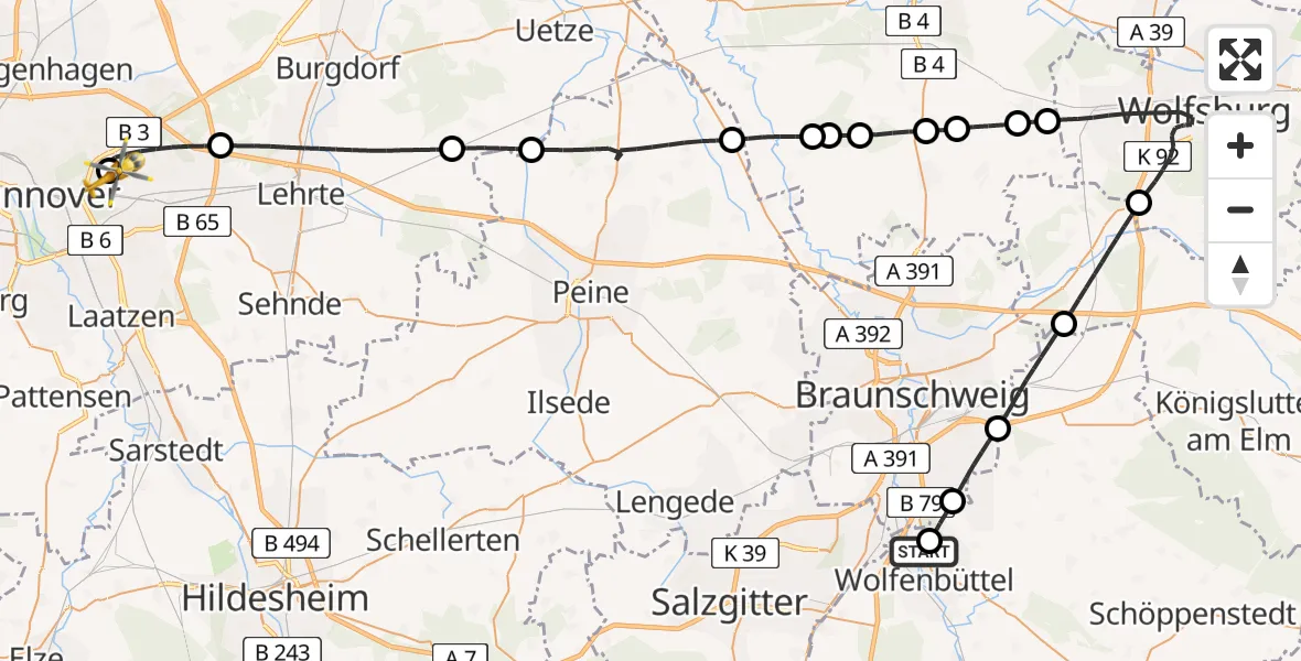 Flugroute Rettungshubschrauber Wolfenbüttel Municipal Hospital Heliport (Christoph 30) - Hannover Luftrettung Hubschrauberlandeplatz (Christoph 4), 09 April 2026, 15:30