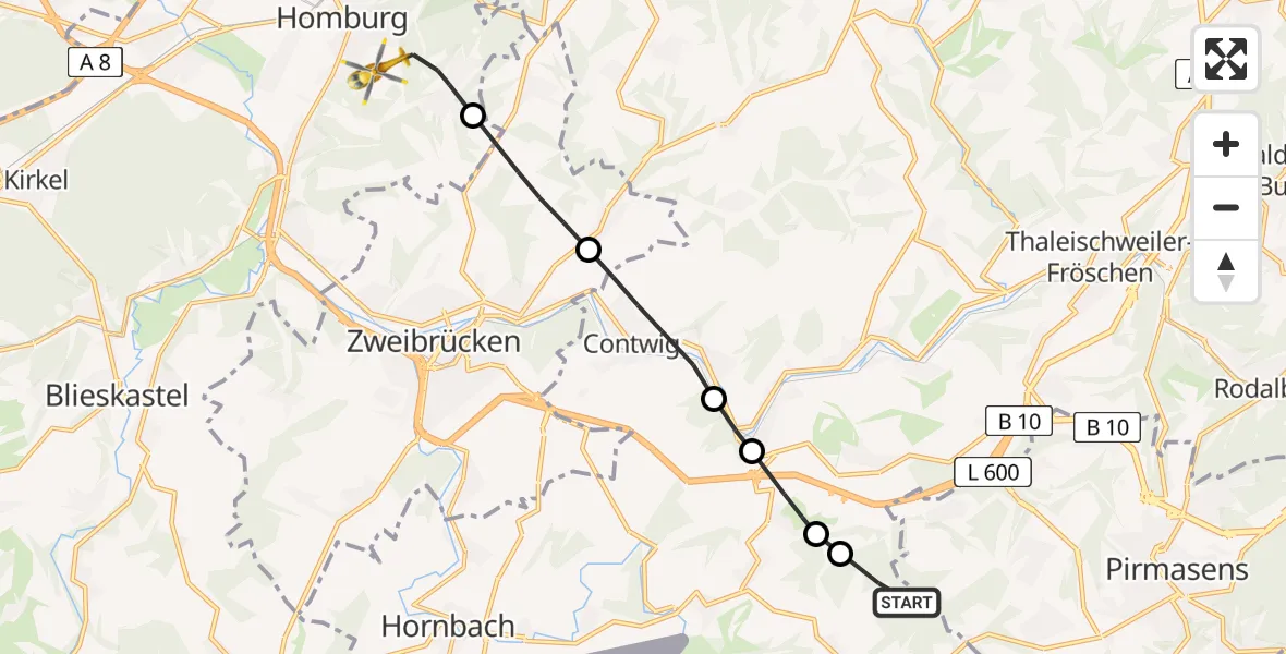 Flugroute Rettungshubschrauber Bottenbach - Homburg, 09 April 2026, 15:39