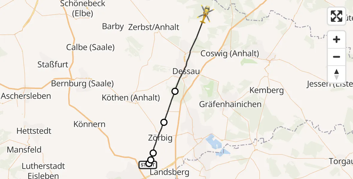 Flugroute Rettungshubschrauber Halle-Oppin Flugplatz - Coswig (Anhalt), 09 April 2026, 15:40
