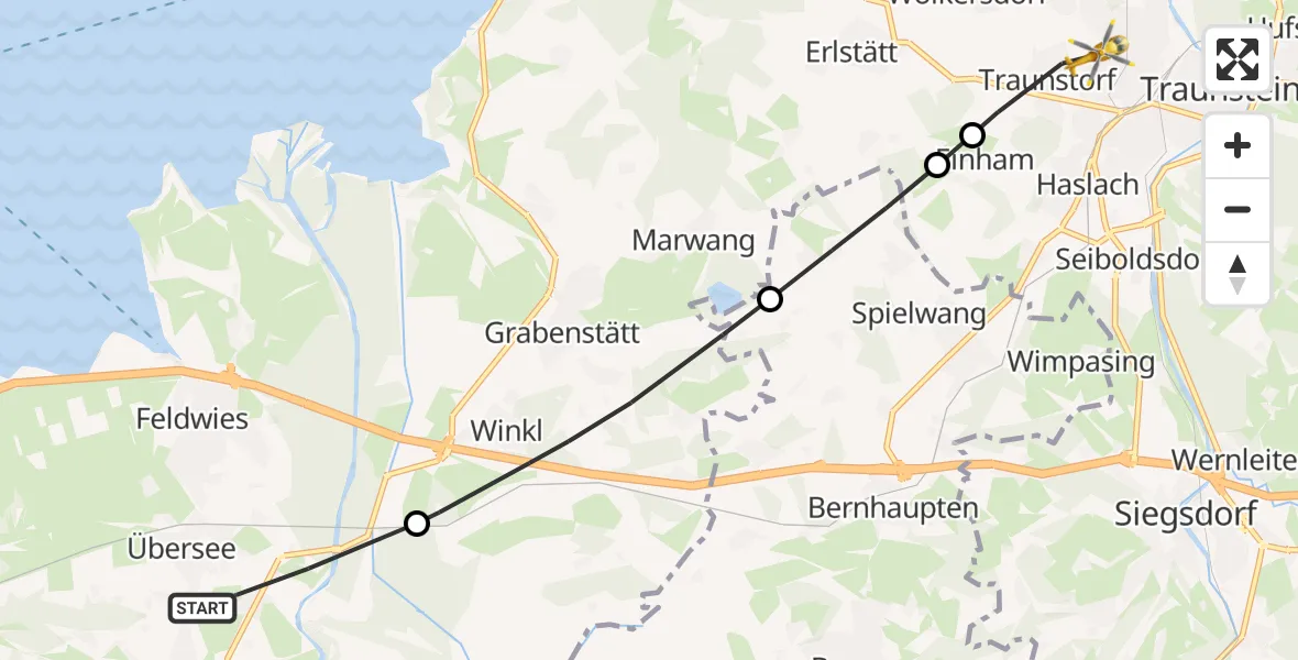 Flugroute Rettungshubschrauber Übersee - Traunstein Krankenhaus Hubschrauberlandeplatz, 09 April 2026, 15:43
