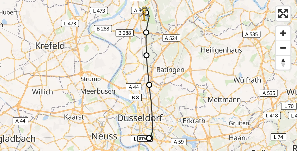Flugroute Rettungshubschrauber Düsseldorf University Hospital - Duisburg Air Rescue Hubschrauberlandeplatz (Christoph 9), 09 April 2026, 15:47