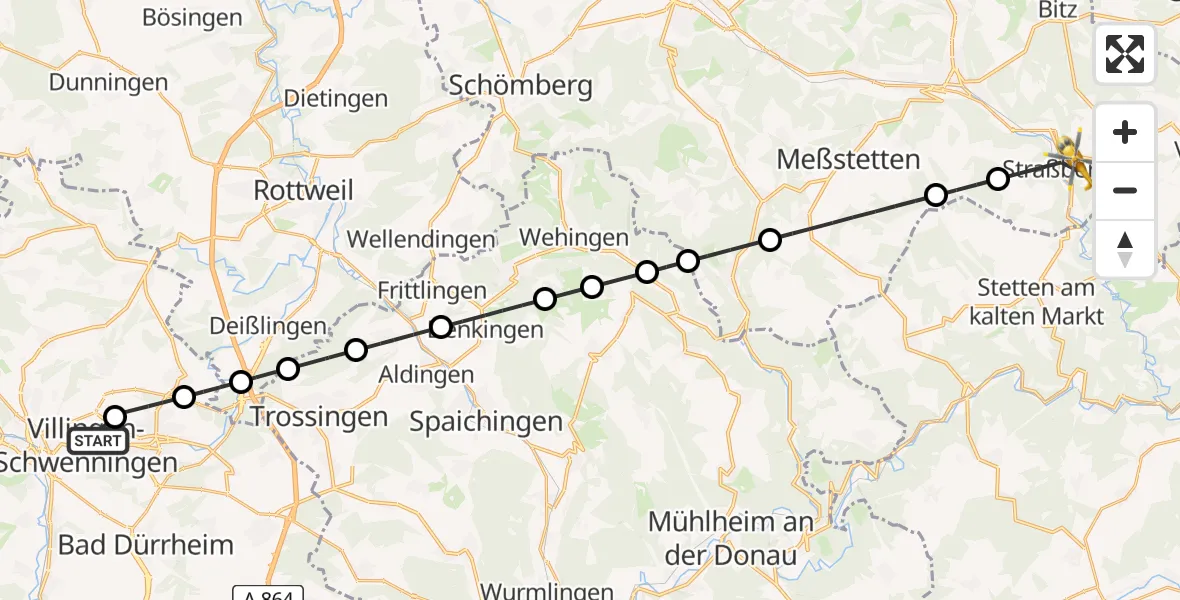 Flugroute Rettungshubschrauber DRF Air Rescue Station Villingen-Schwenningen Hubschrauberlandeplatz (Christoph 11) - Straßberg, 09 April 2026, 15:54
